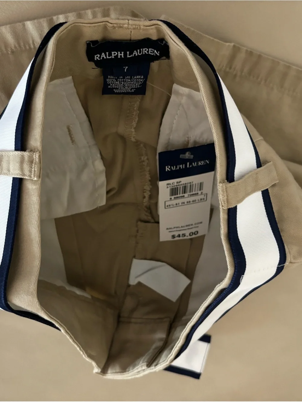 ✨New✨Ralph Lauren Tan Pleated Chinos with White & Navy Stripe Belt✨